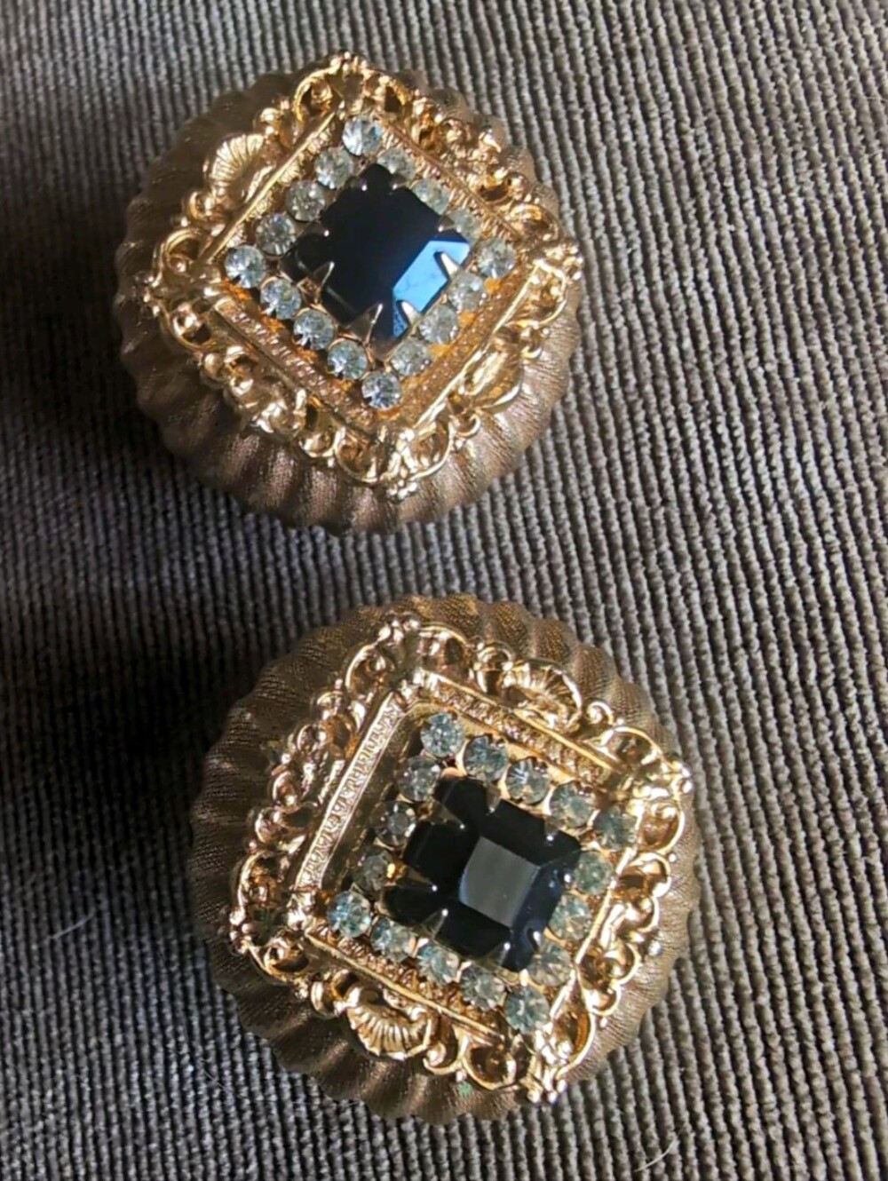 Marx DeMarco Signed Gold Tone Clip-On Earrings Black Square Crystal Rhinestone